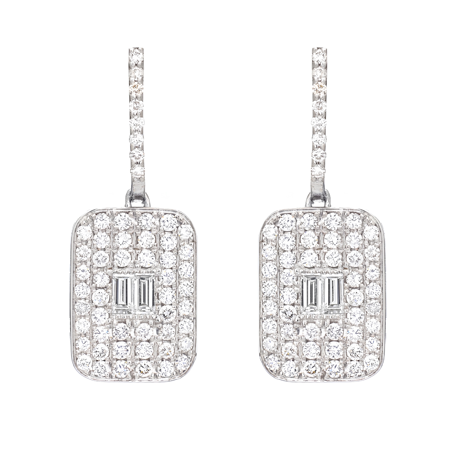 EARRINGS K18 WHITE GOLD WITH ROUND AND BAGUETTE DIAMONDS