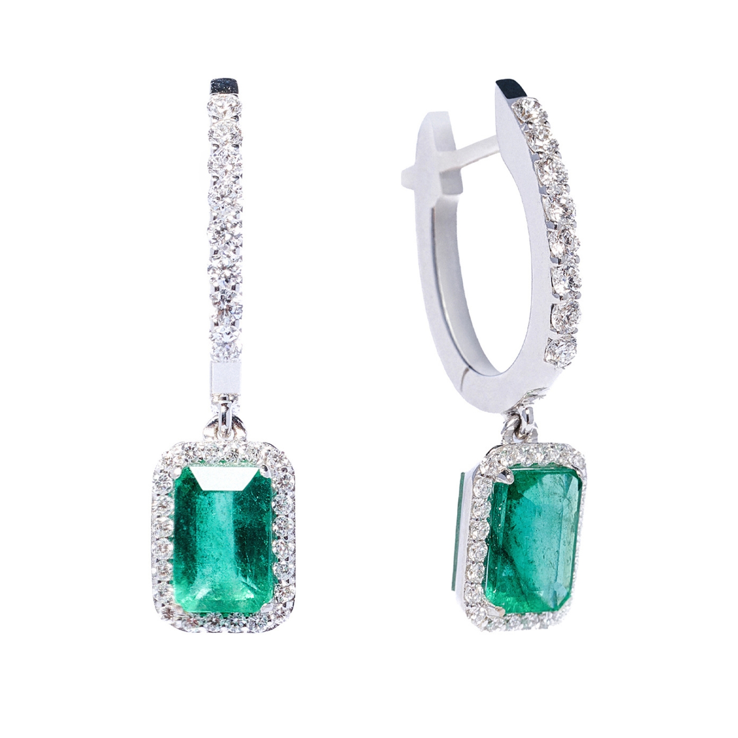 EARRINGS IN 18K WHITE GOLD WITH EMERALDS AND DIAMONDS