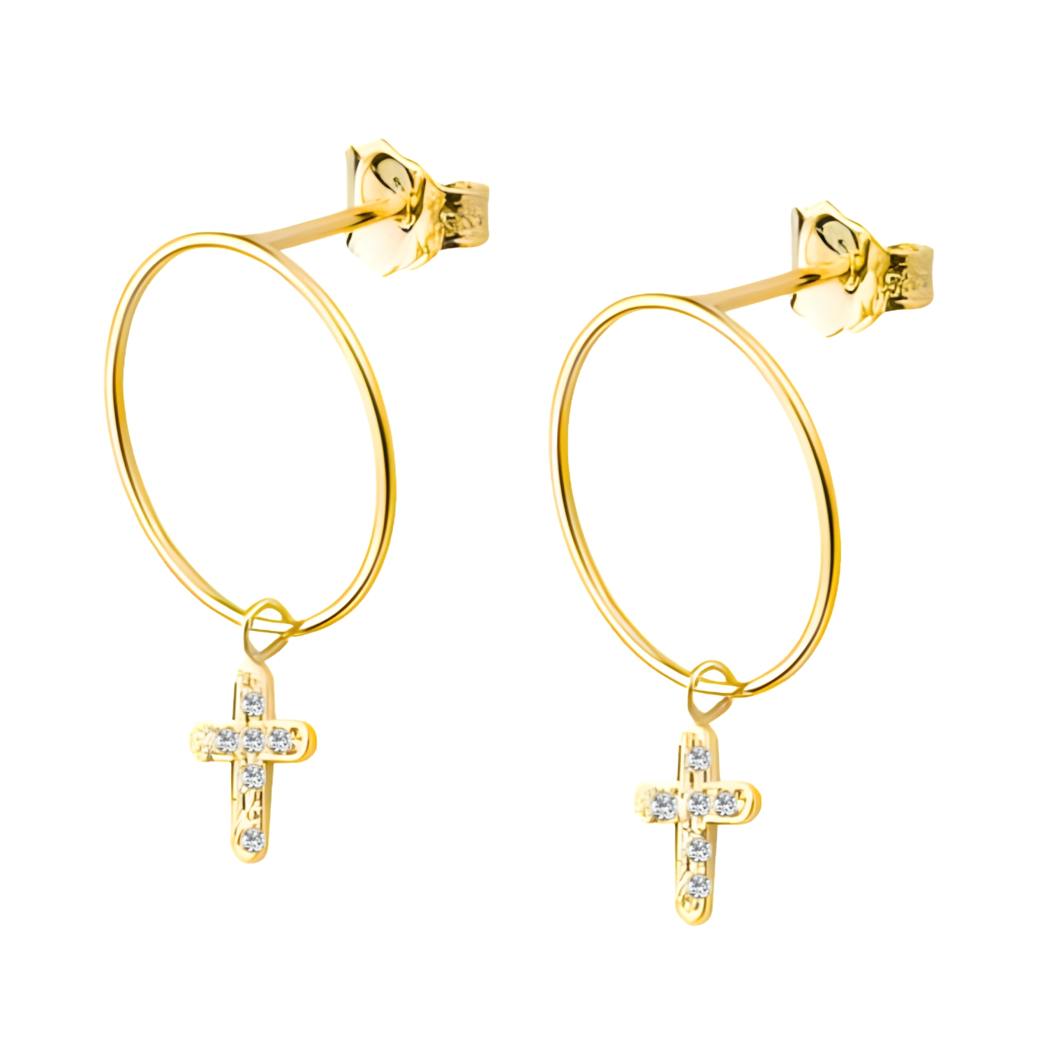 EARRINGS K14 GOLD HOOP WITH CROSS AND DIAMONDS