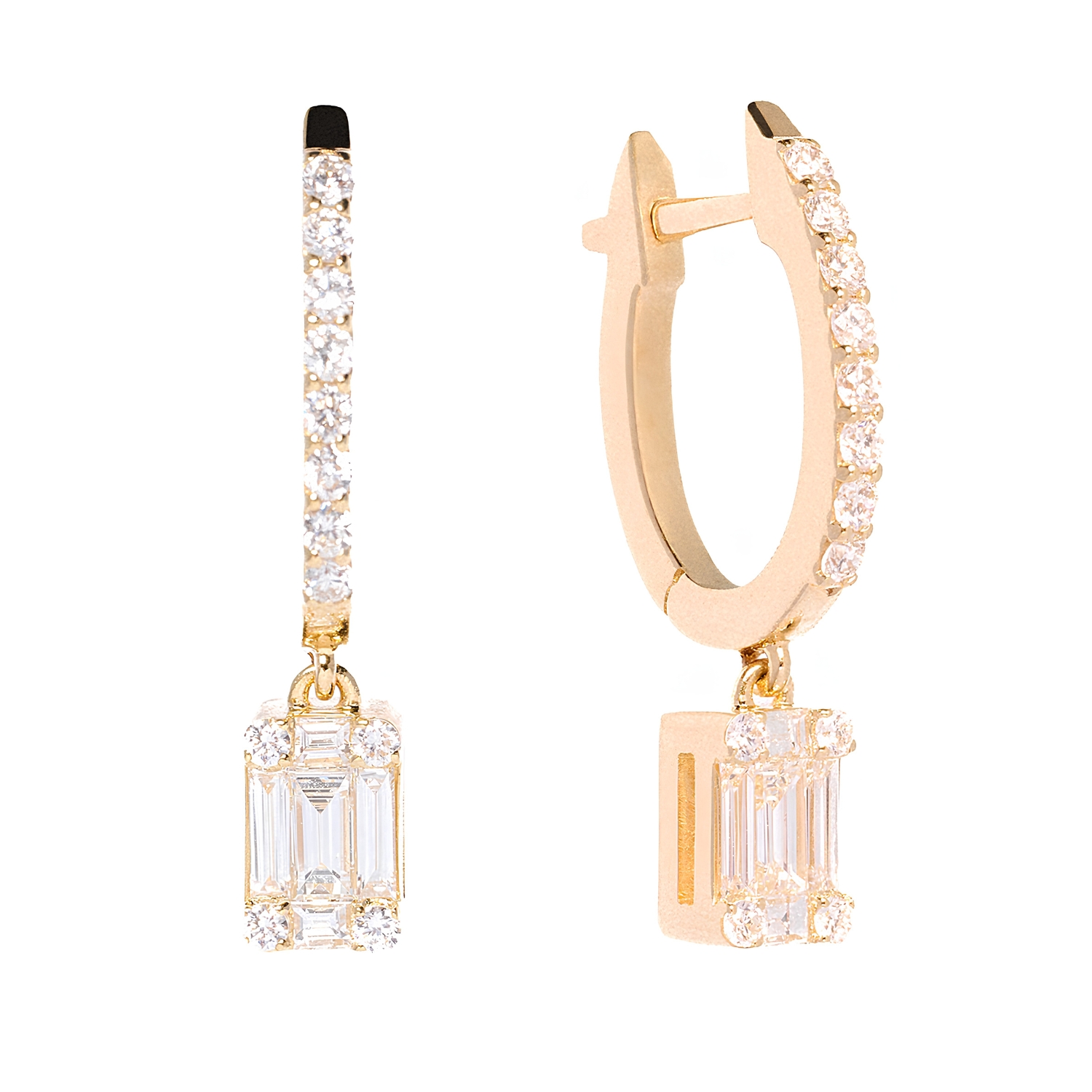 K18 GOLD DANGLE EARRINGS WITH ROUND AND BAGUETTE DIAMONDS