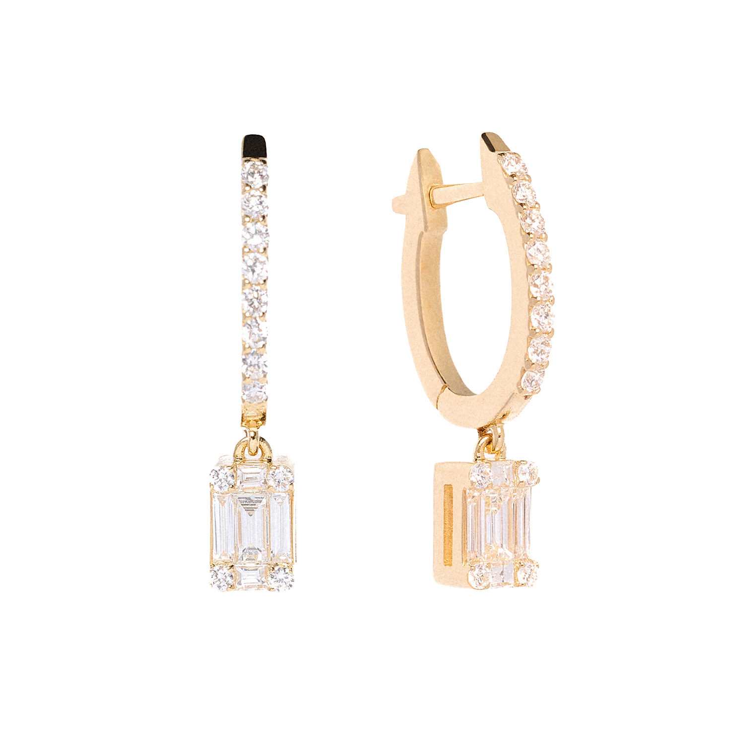 K18 GOLD DANGLE EARRINGS WITH ROUND AND BAGUETTE DIAMONDS