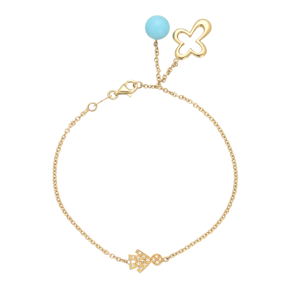 YELLOW GOLD BRACELET WITH CROSS TURQUOISE AND BOY