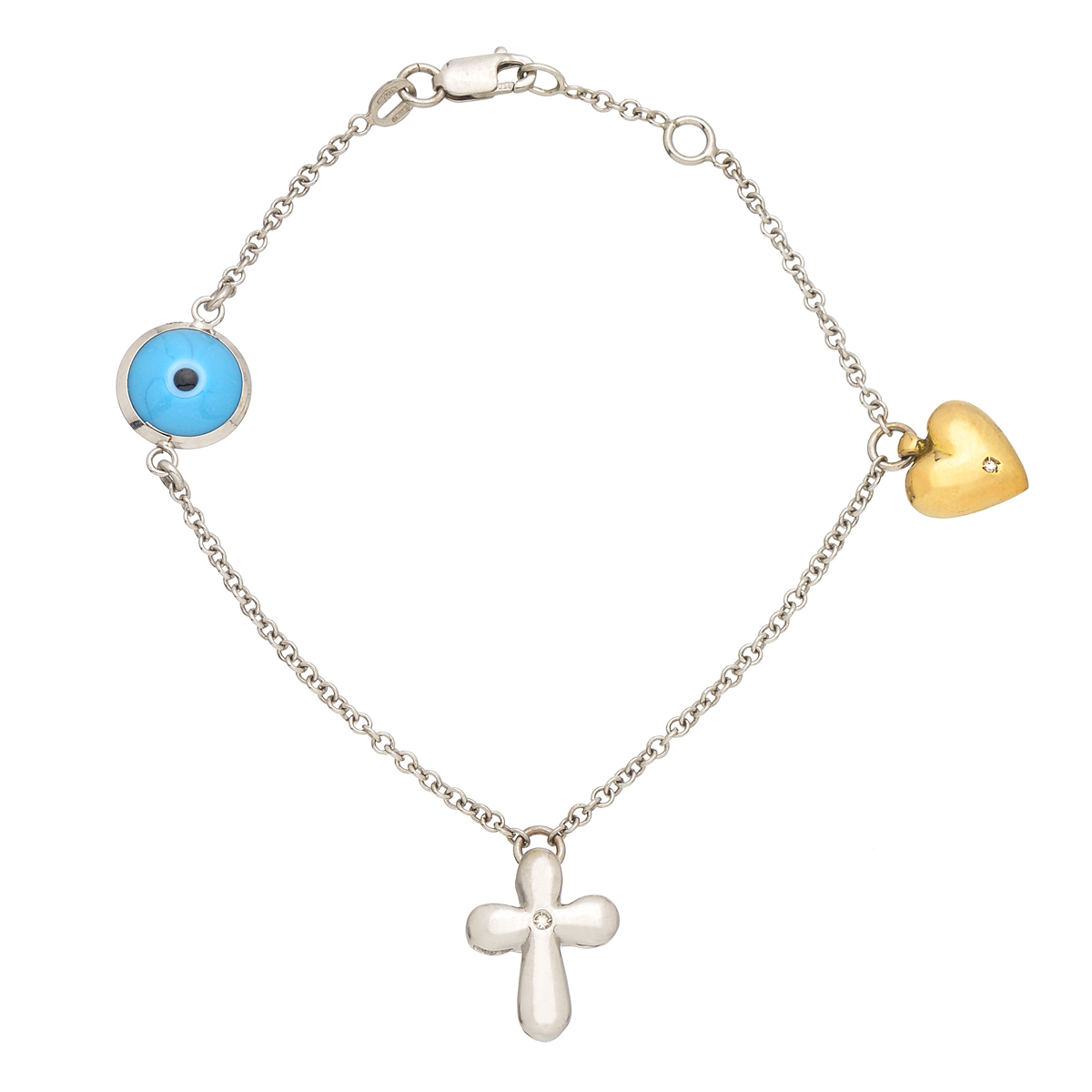 K18 WHITE GOLD HEART BRACELET WITH CROSS AND EVIL EYE