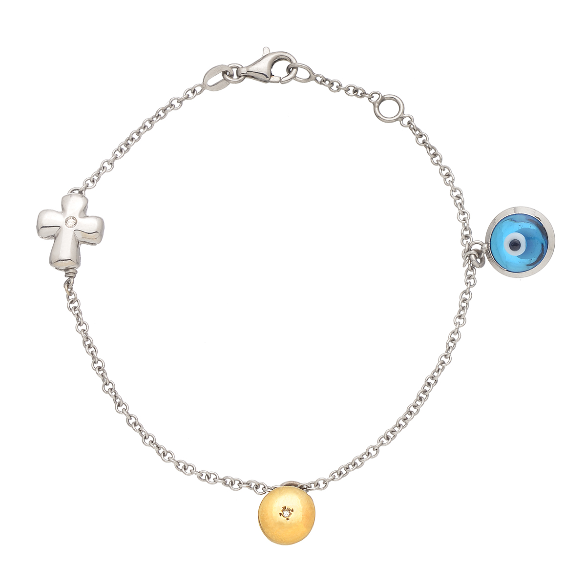 K18 WHITE GOLD BRACELET WITH CROSS AND YELLOW GOLD PENDANT WITH DIAMONDS