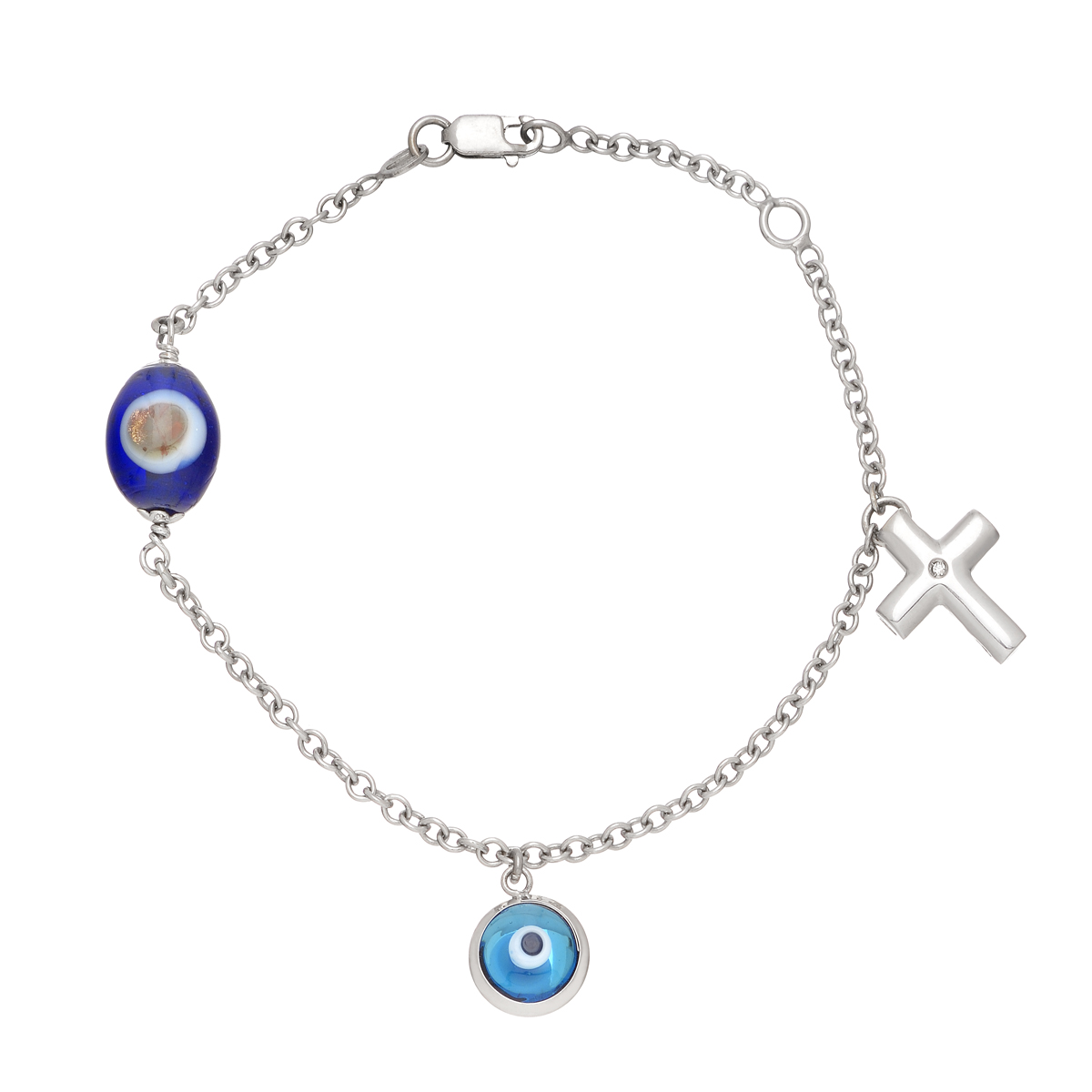 K18 WHITE GOLD CROSS BRACELET WITH DIAMOND AND EVIL EYES