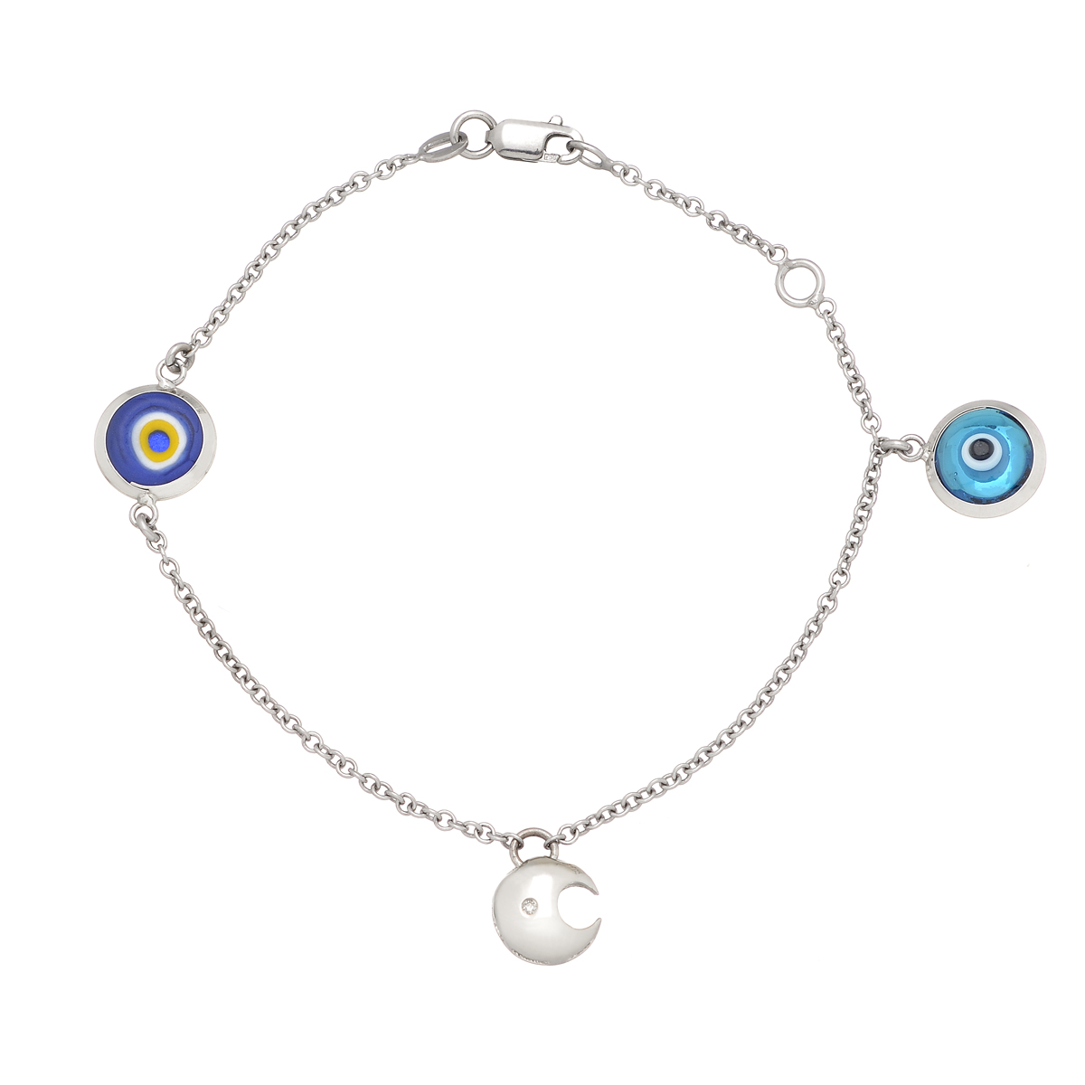 K18 WHITE GOLD DIAMOND MOON BRACELET WITH EVIL EYES
