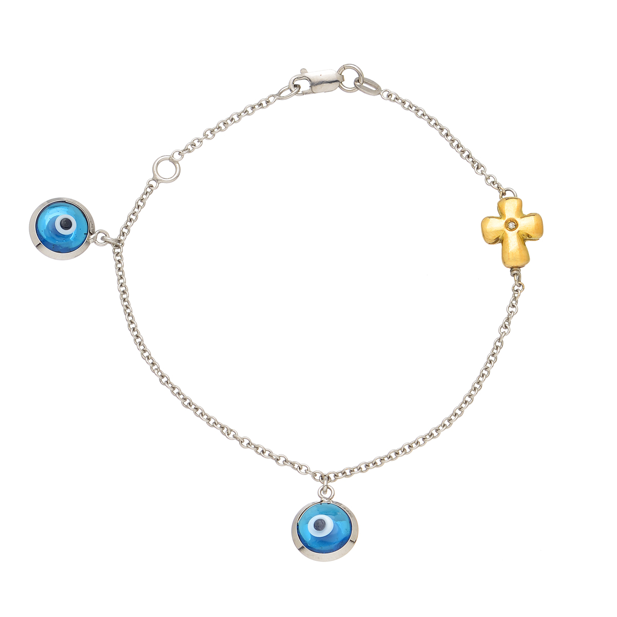 K18 WHITE GOLD BRACELET WITH YELLOW CROSS WITH DIAMOND AND EVIL EYES