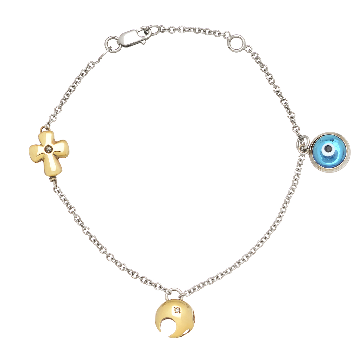 K18 GOLD DIAMOND BRACELET WITH CROSS - MOON AND EVIL EYE