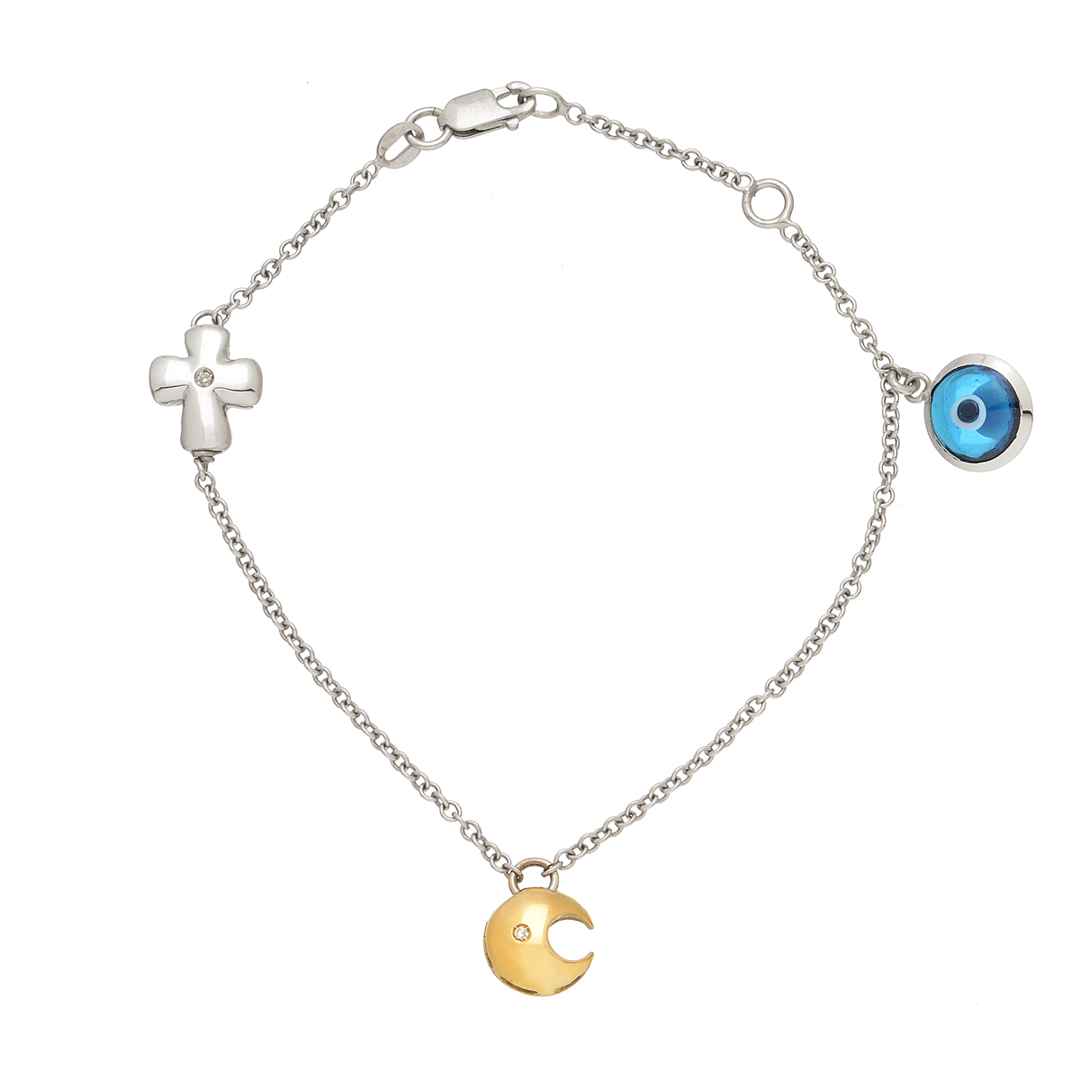 K18 WHITE GOLD BRACELET WITH YELLOW MOON WITH DIAMOND AND CROSS
