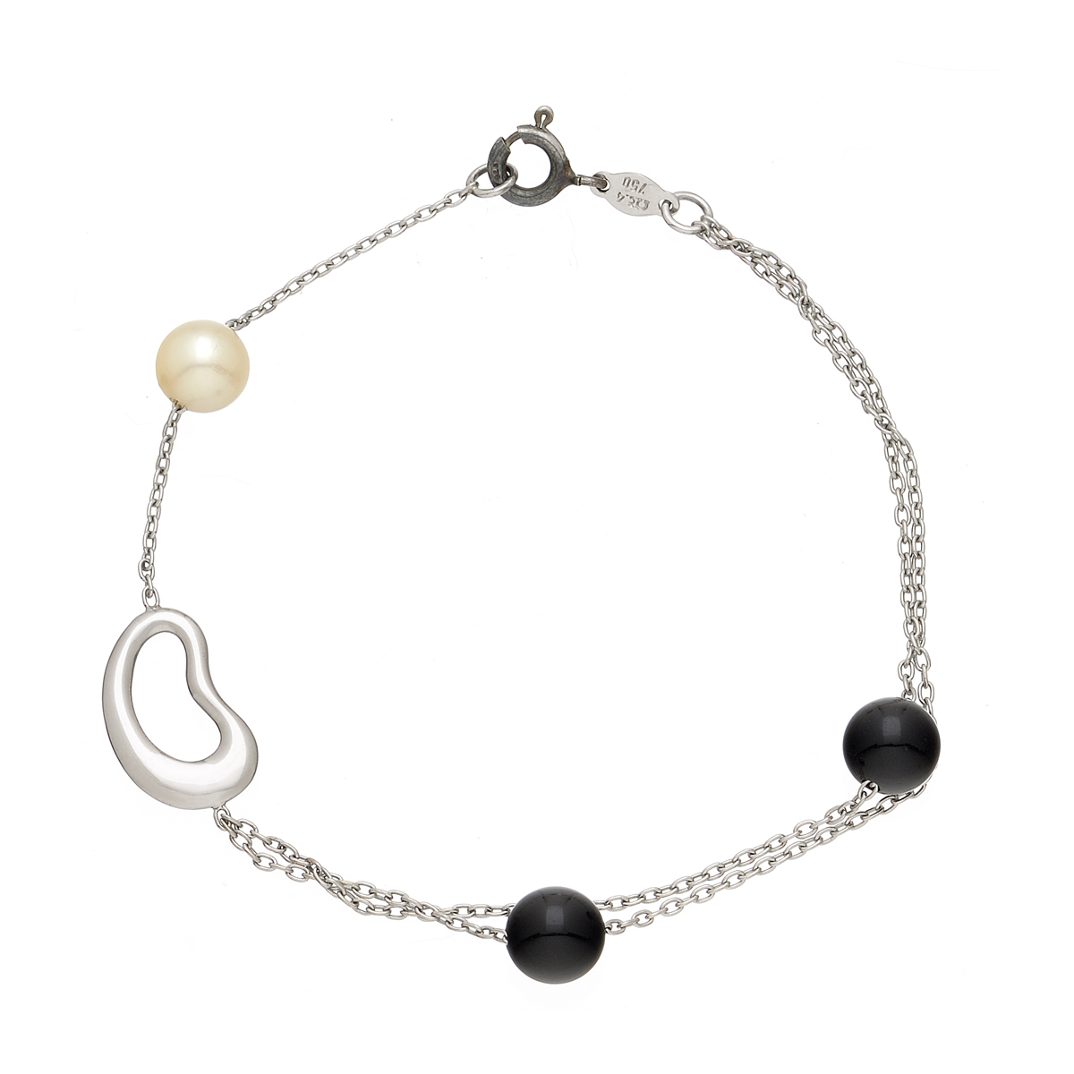 K18 WHITE GOLD HEART BRACELET WITH PEARL AND ONYX