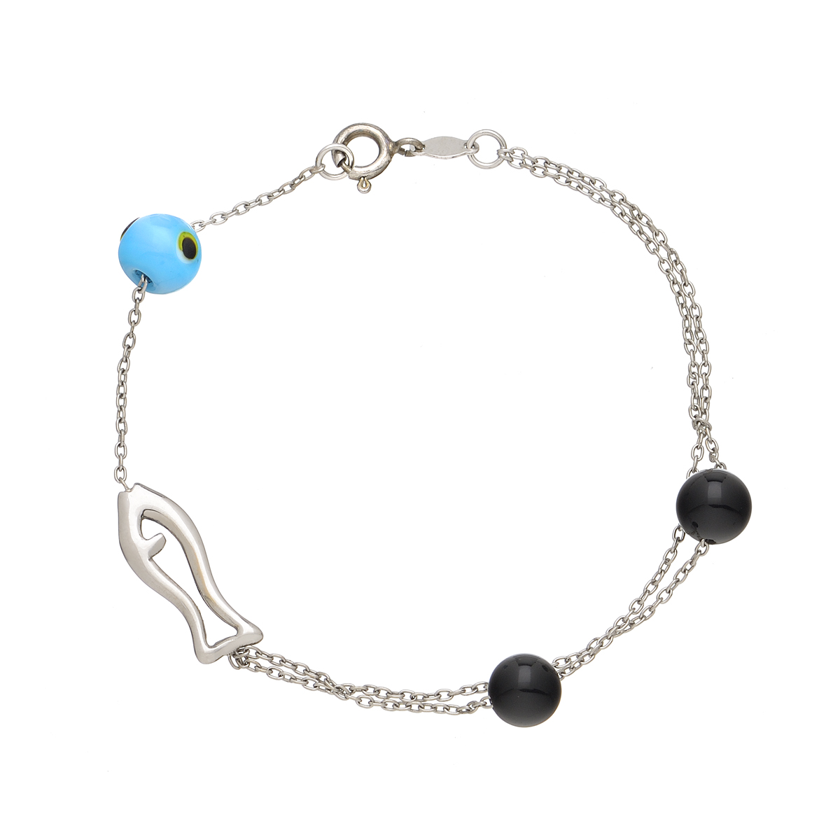 K18 WHITE GOLD BRACELET FISH WITH ONYX AND EVIL EYE