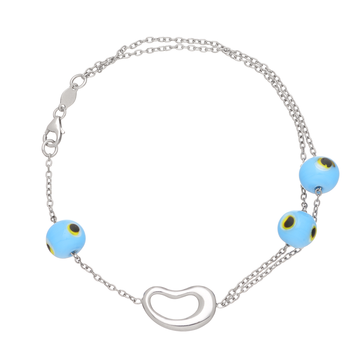 K18 WHITE GOLD HEART BRACELET WITH EVIL EYES