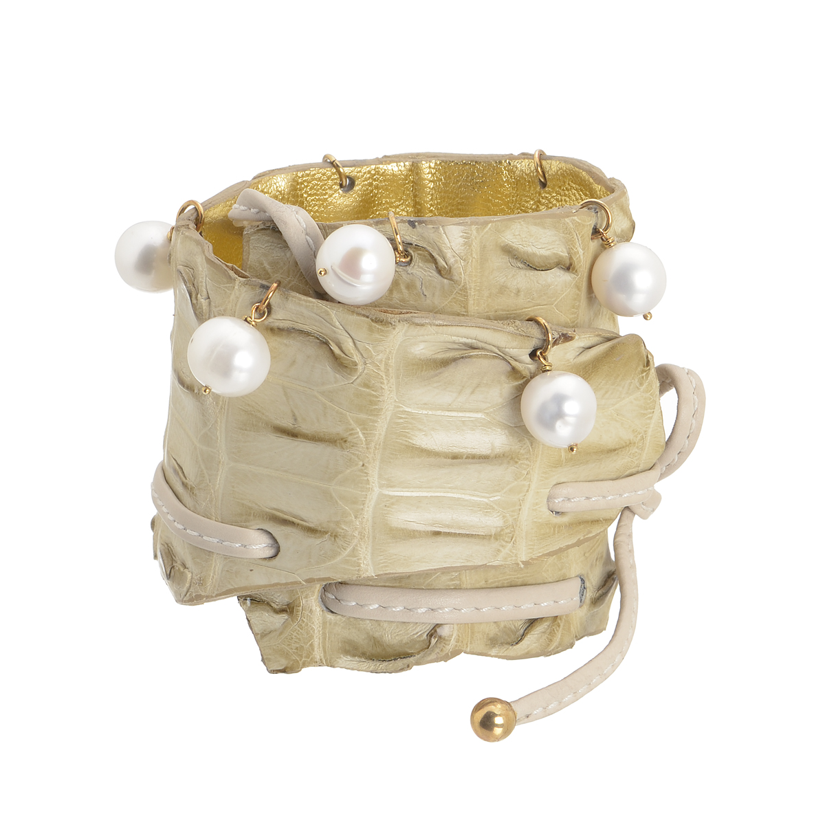 LEATHER BRACELET WITH K18 GOLD DETAILS AND PEARLS