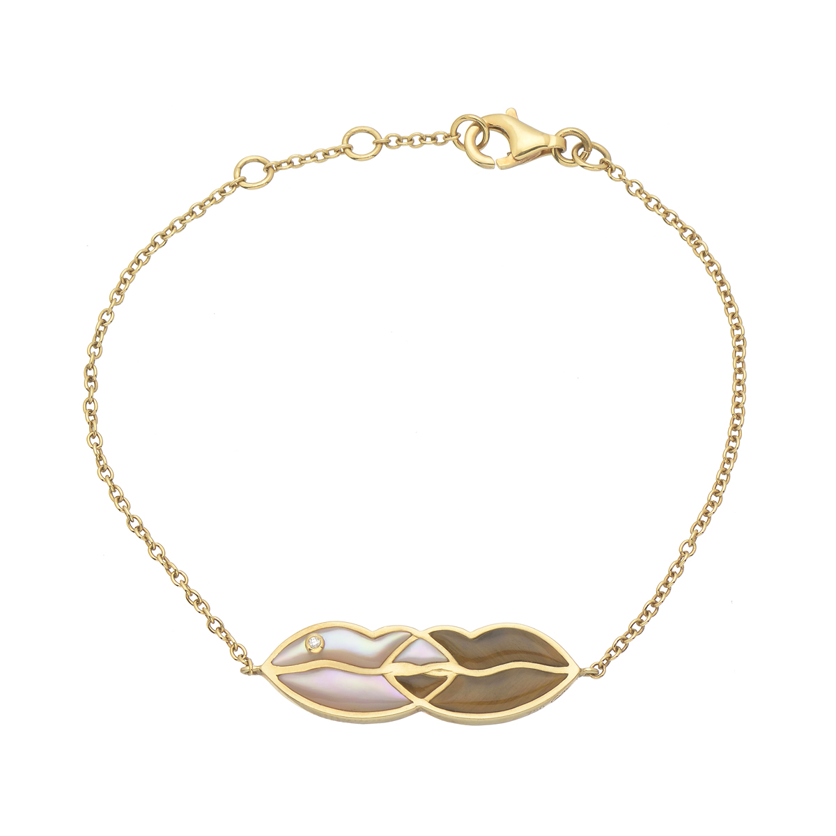 YELLOW GOLD BRACELET K18 WITH MOP , EYE OF THE TIGER AND DIAMOND
