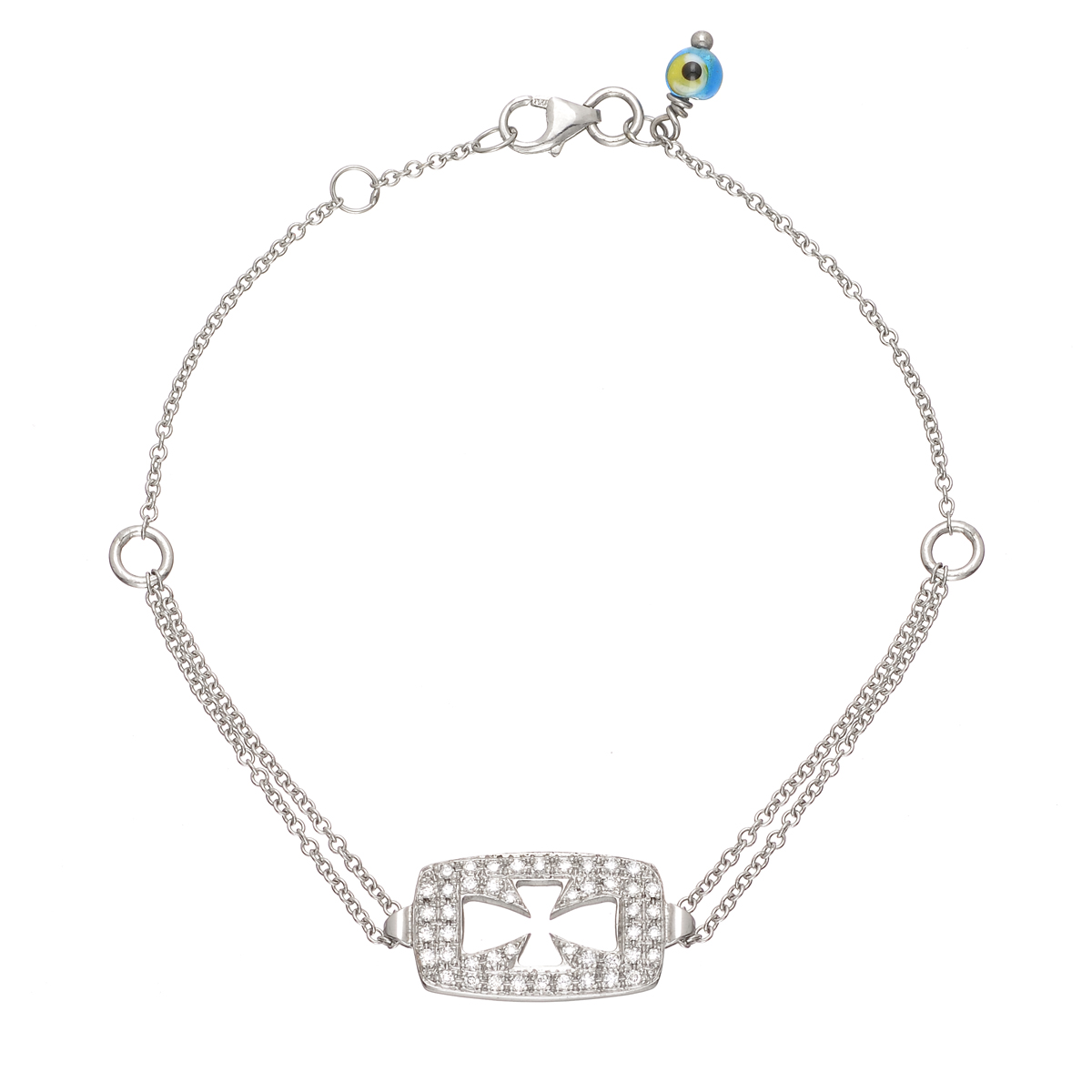 K18 WHITE GOLD CROSS DIAMOND BRACELET WITH EVIL EYE