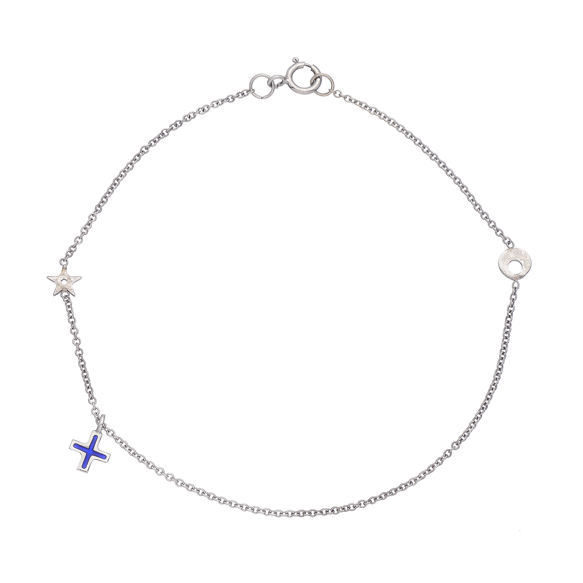 K18 WHITE GOLD BRACELET WITH STAR AND CROSS WITH BLUE ENAMEL
