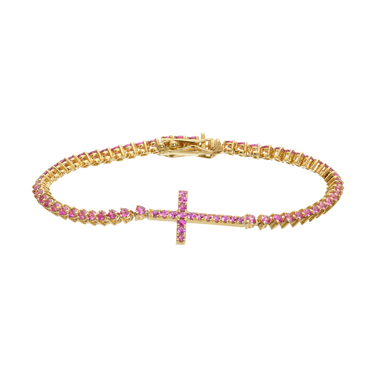 K18 YELLOW GOLD TENNIS BRACELET WITH CROSS AND SAPPHIRES