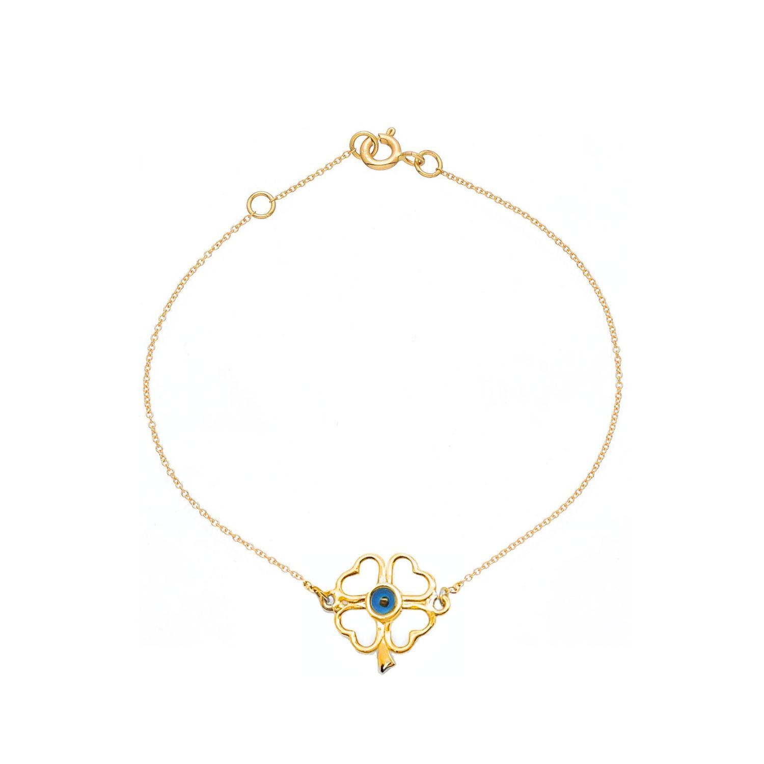 BRACELET K14 GOLD DOUBLE-SIDED FOUR-LEAF WITH TURQUOISE EVIL EYE