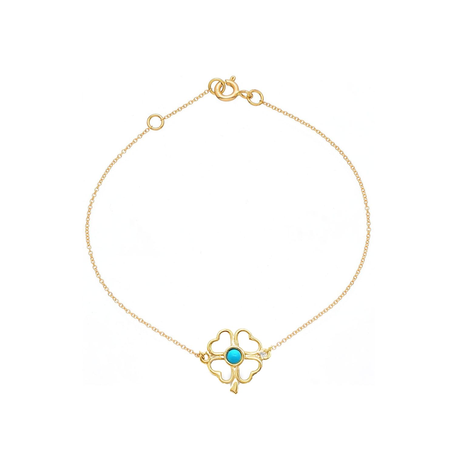 BRACELET K14 GOLD DOUBLE-SIDED FOUR-LEAF WITH TURQUOISE EVIL EYE