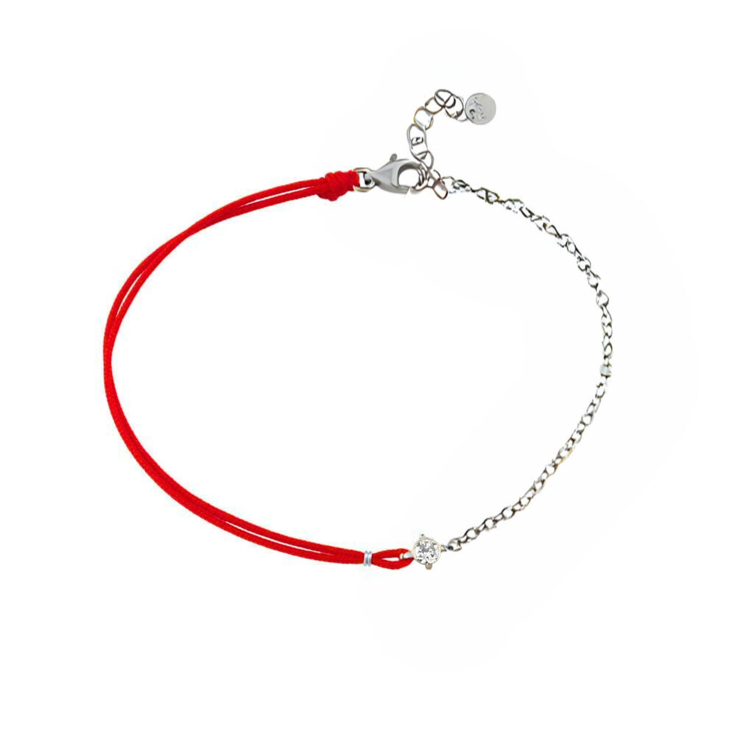 K14 WHITE GOLD BRACELET WITH RED CORD AND DIAMOND