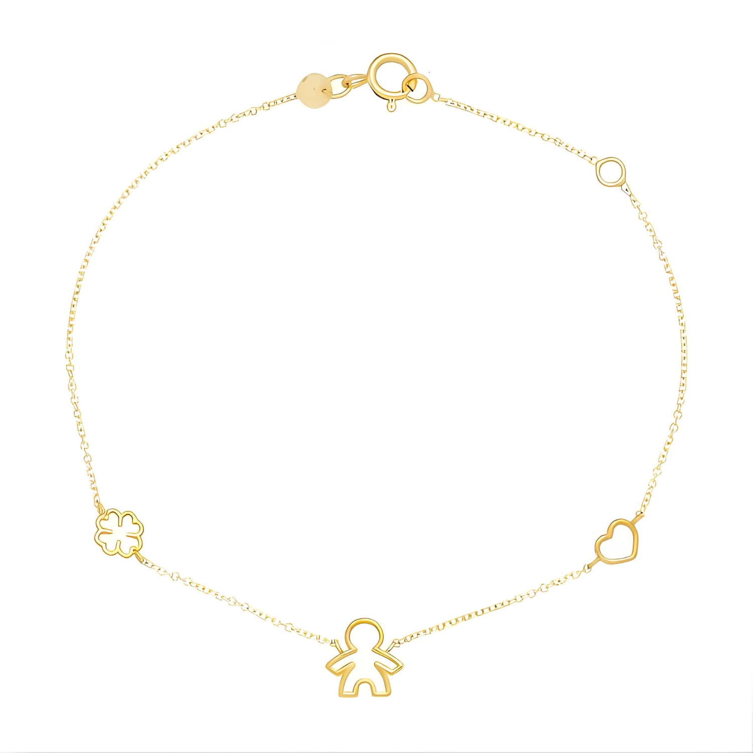 GOLD BRACELET WITH FOUR-LEAF , BOY FIGURE AND HEART