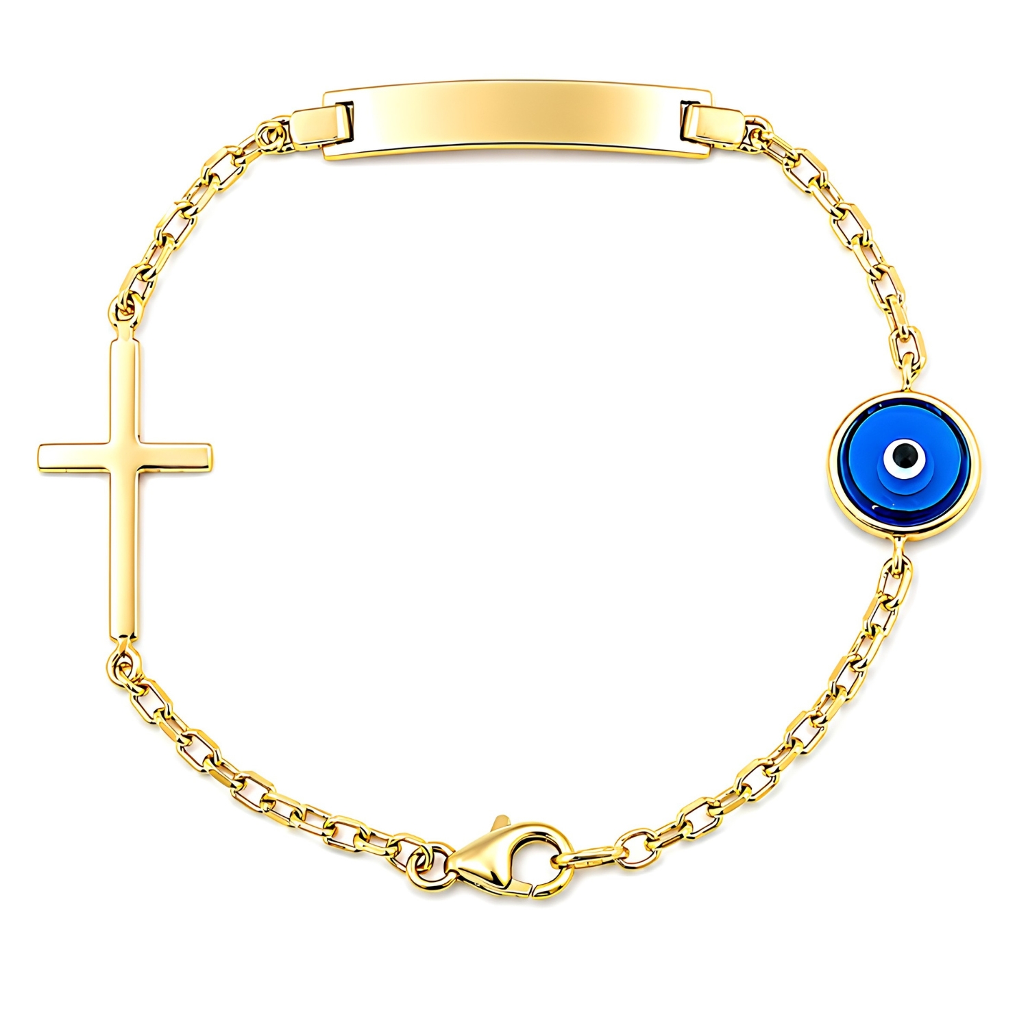 14K YELLOW GOLD BRACELET WITH CROSS EVIL EYE AND PLAQUE