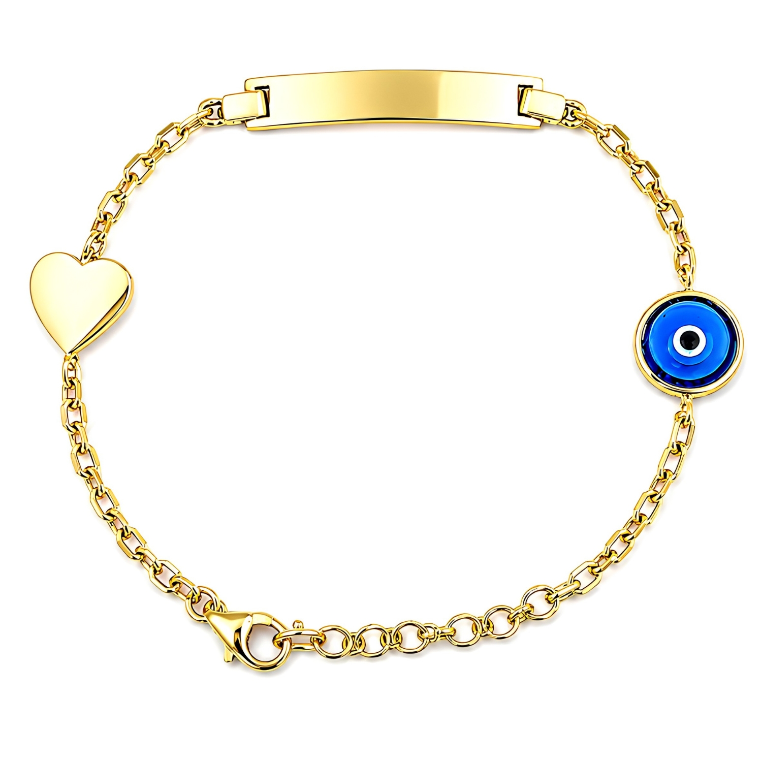 14K YELLOW GOLD BRACELET WITH HEART PLAQUE AND EVIL EYE