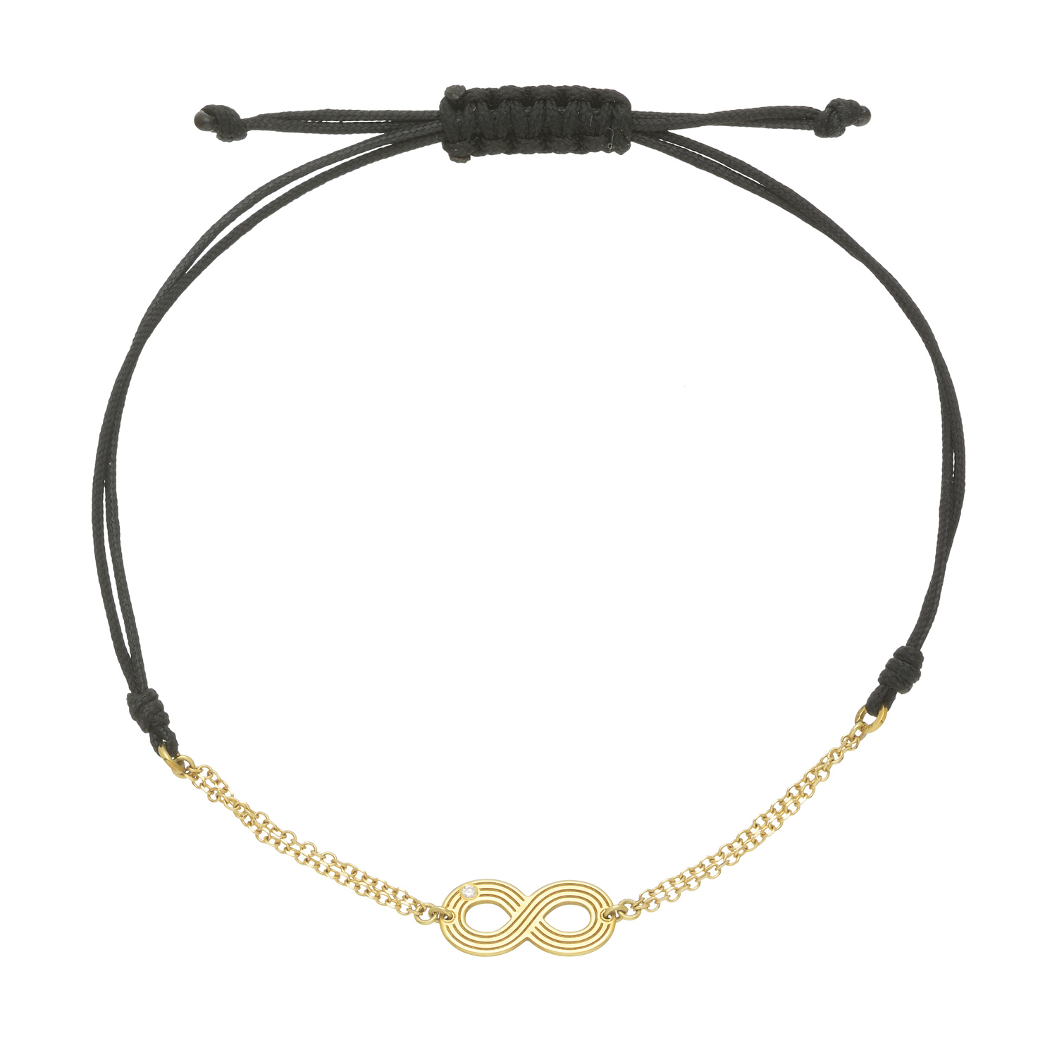 K14 GOLD BRACELET WITH BLACK CORD AND INFINITY SYMBOL WITH DIAMONDS