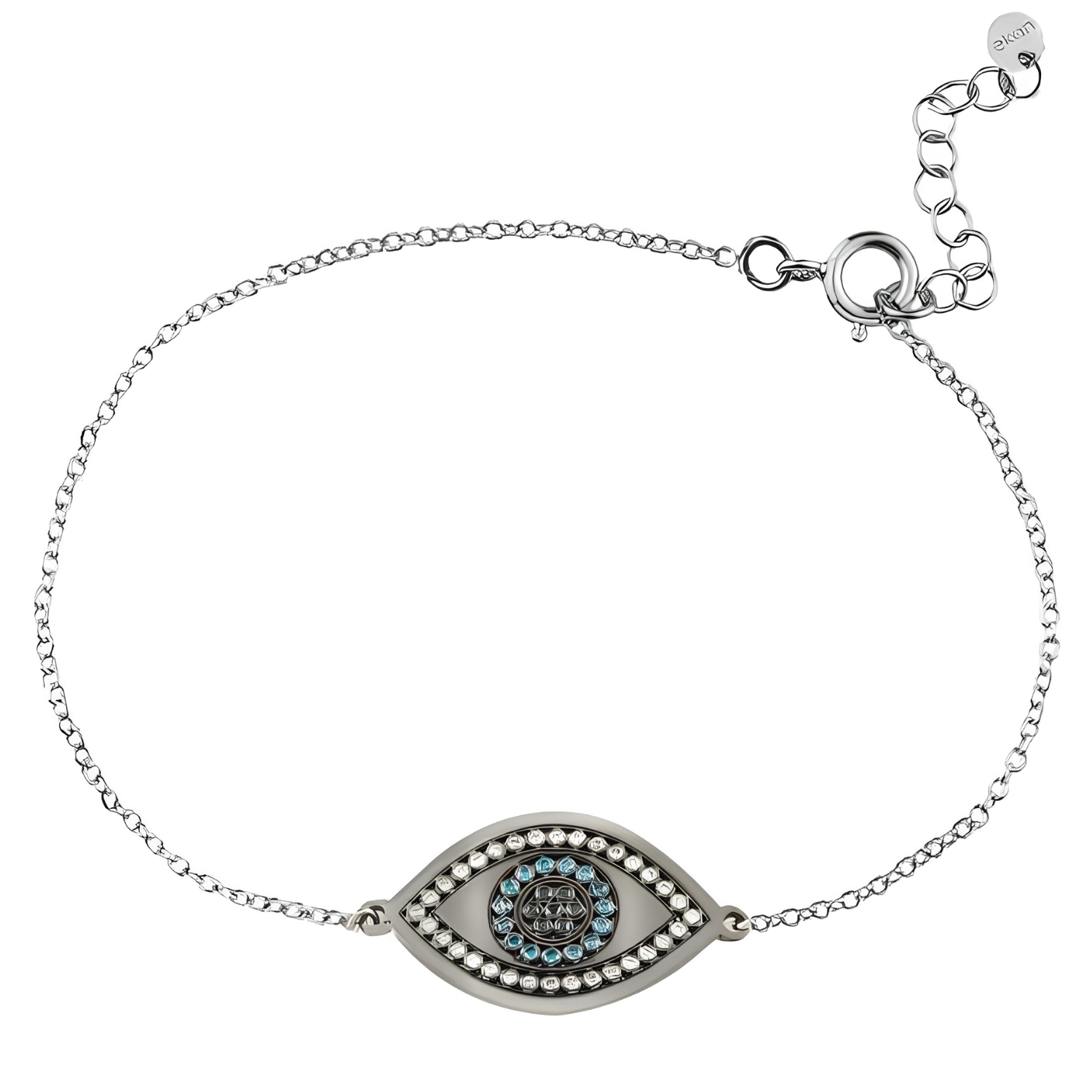 BRACELET WHITE GOLD K14 WITH EVIL EYE ,BLACK ,WHITE AND LIGHT BLUE DIAMONDS