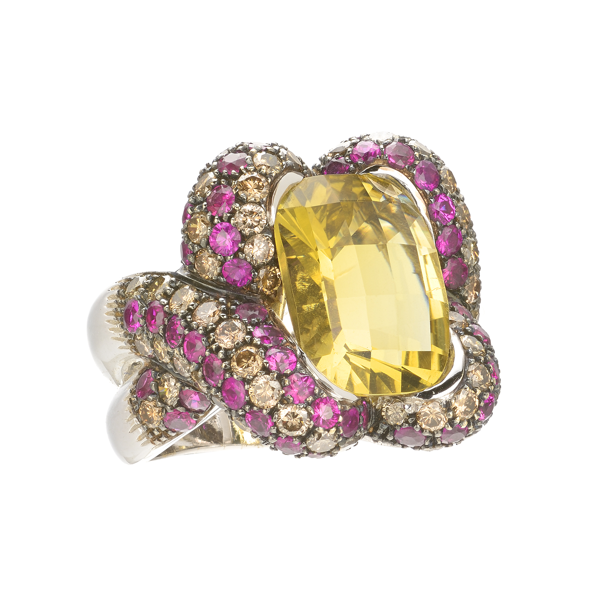 K18 WHITE GOLD BROWN DIAMOND RING WITH RUBIES AND SEMI-PRECIOUS STONE