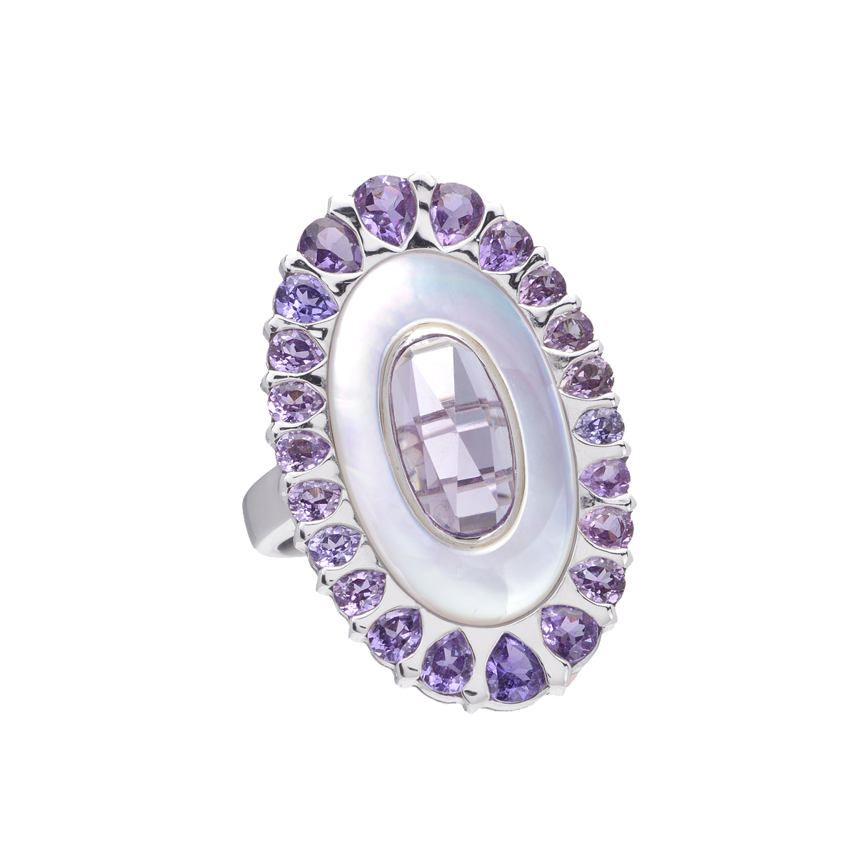 White gold ring with mother of pearl, amethyst and sapphires