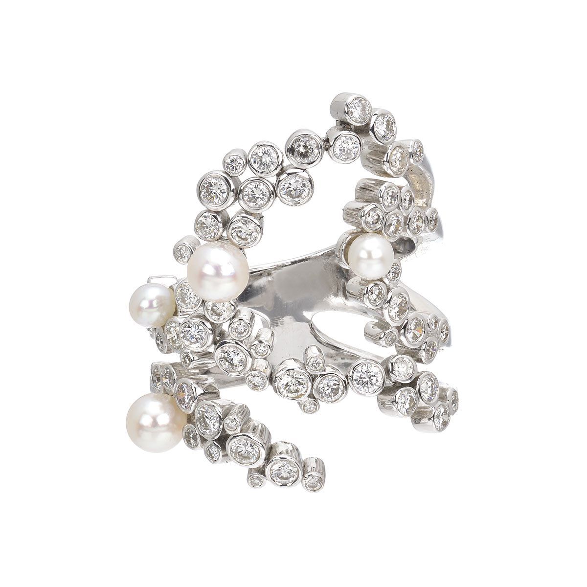 DIAMOND RING WITH PEARLS K18 WHITE GOLD