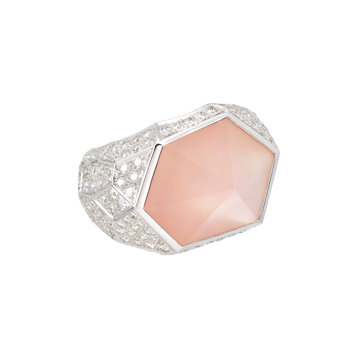 DIAMOND RING WITH ROSE QUARTZ K18 WHITE GOLD