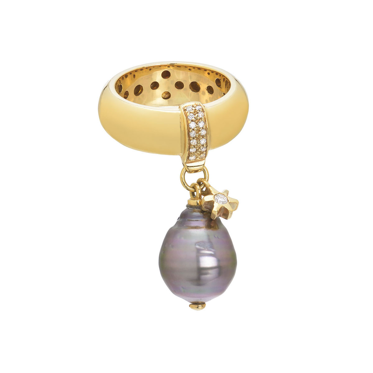 DIAMOND RING WITH GREY PEARL K18 YELLOW GOLD