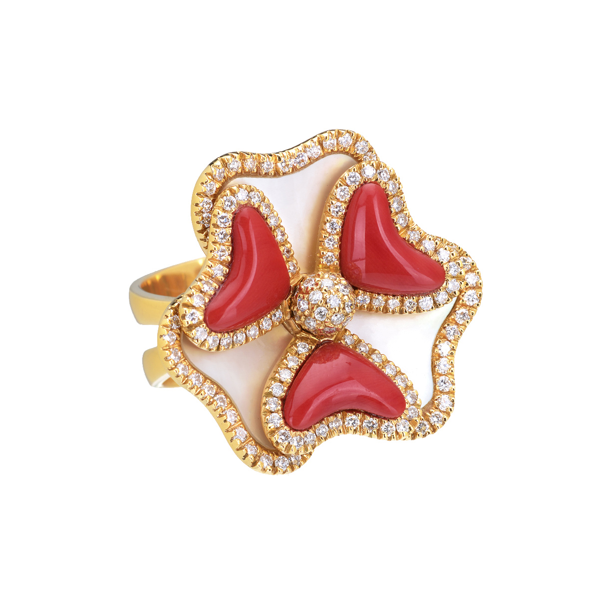 YELLOW GOLD HEART RING WITH CORAL AND MOTHER OF PEARL