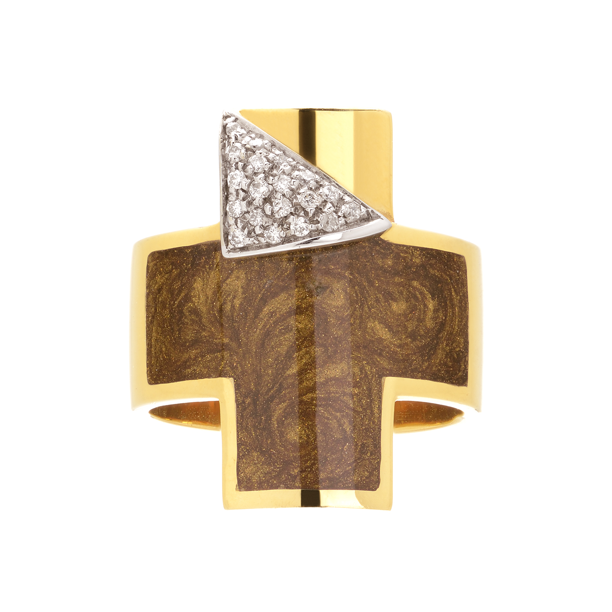 K18 YELLOW GOLD DIAMOND RING WITH CROSS WITH ENAMEL