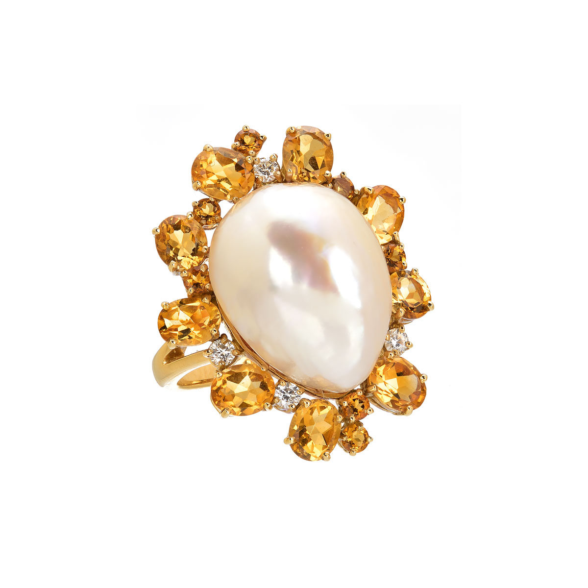 DIAMOND RING WITH PEARL AND CITRINE K18 YELLOW GOLD