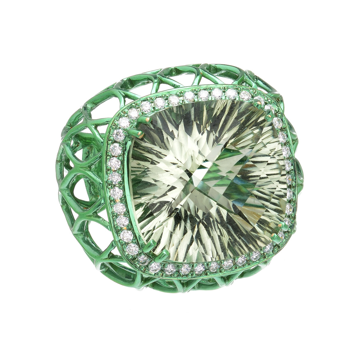 K18 GREEN NANOCERAMIC COATED GOLD DIAMOND RING WITH AMETHYST