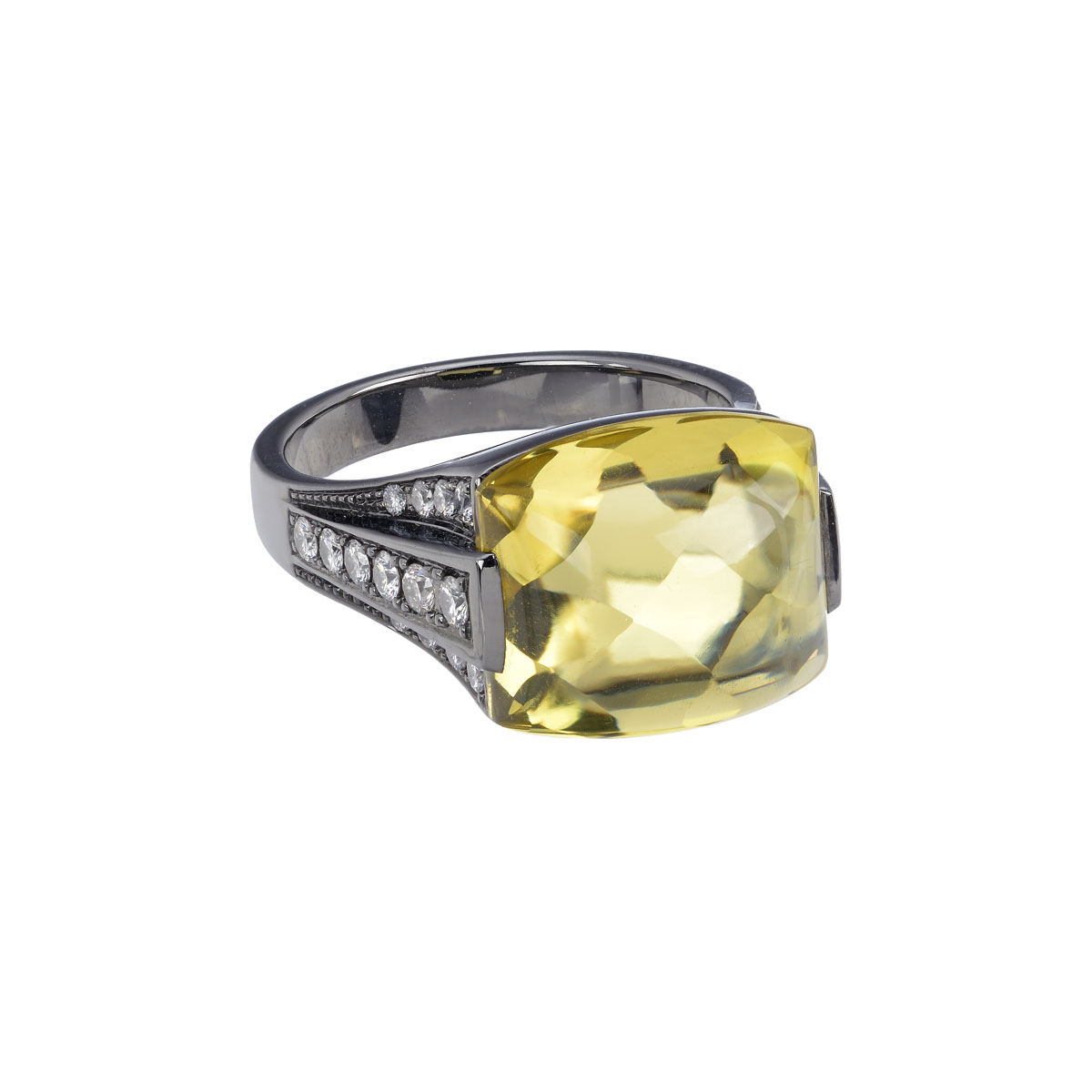 DIAMOND RING WITH LEMON QUARTZ 18K BLACKENED GOLD