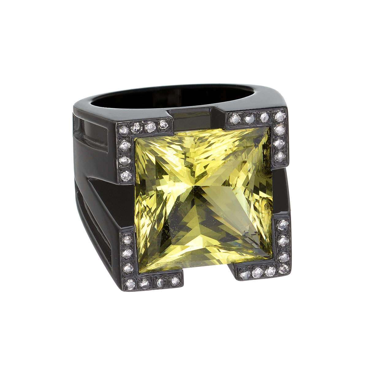 K18 BLACKENED GOLD DIAMOND RING WITH LEMON QUARTZ