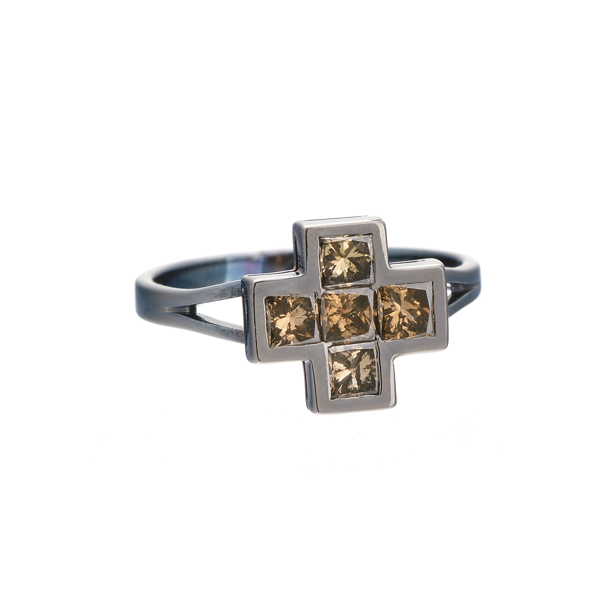 BLACKENED RING WITH CROSS DESING WITH BROWN DIAMONDS