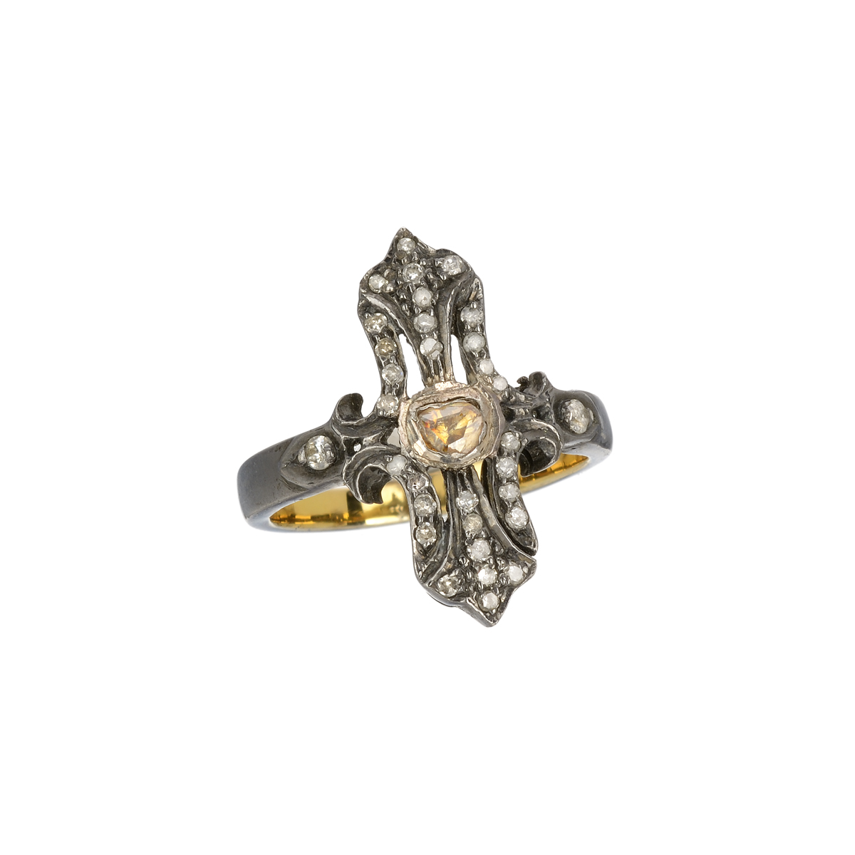 RING BLACKENED SILVER WITH CROSS AND DIAMONDS