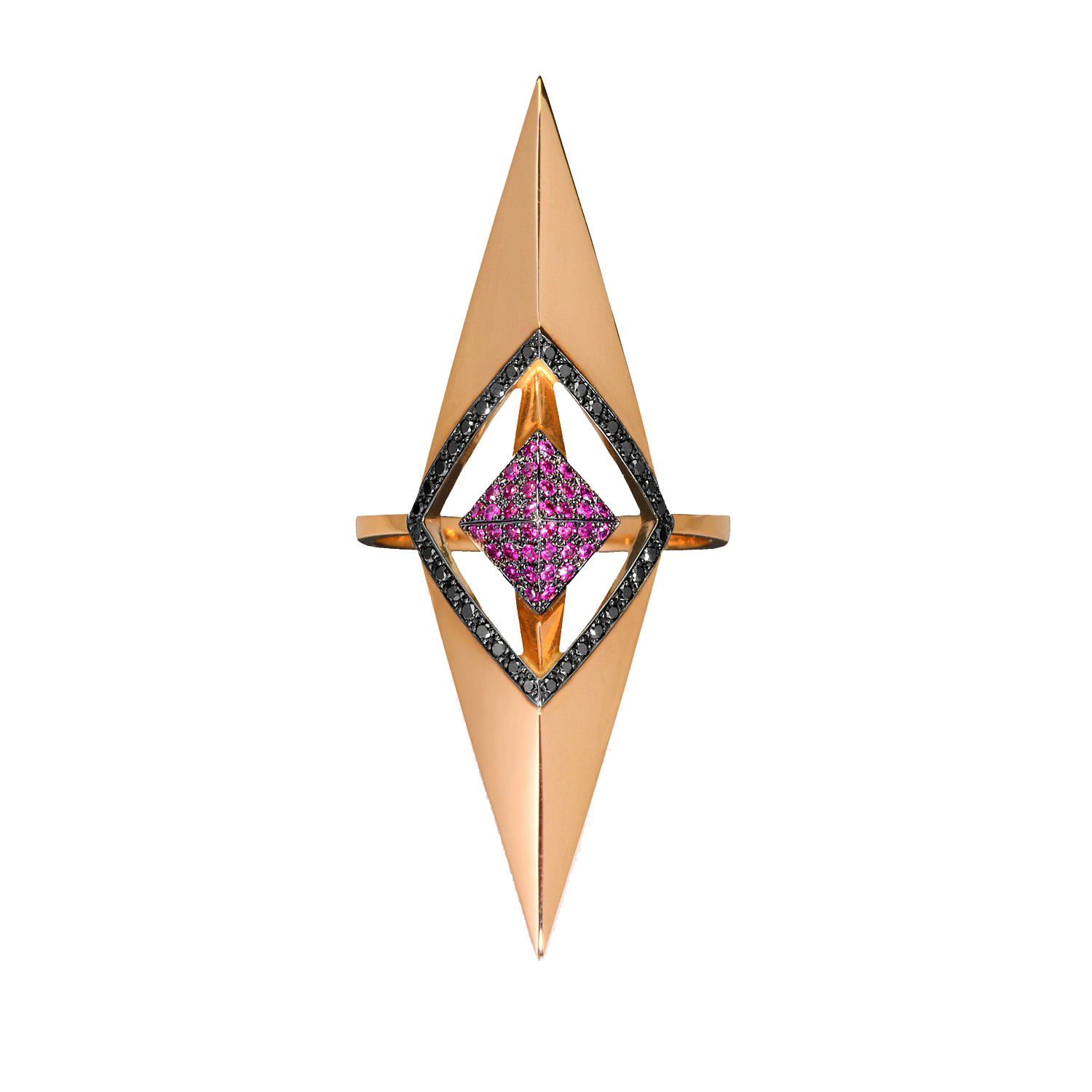 Rose gold ring with rubies and black diamonds