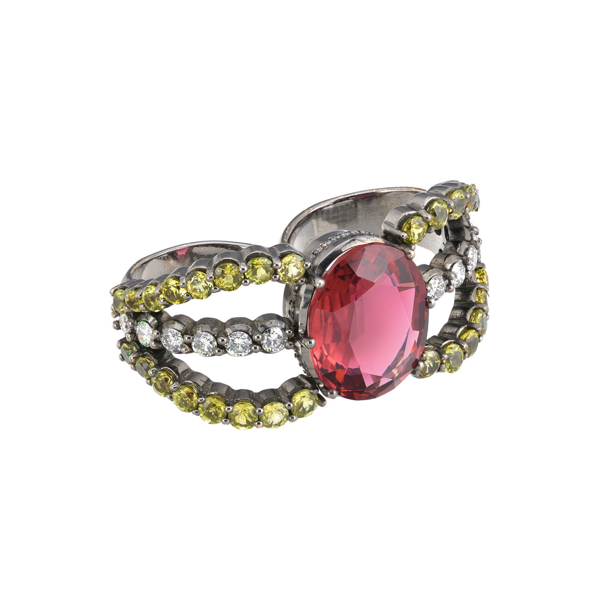DIAMOND RING WITH TOURMALINE 18K BLACKENED GOLD