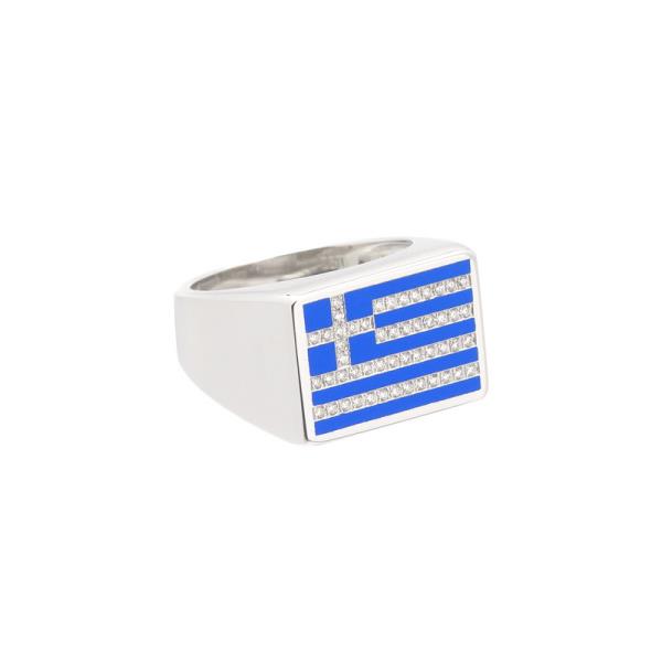 WHITE GOLD RING WITH GREEK FLAG AND DIAMONDS