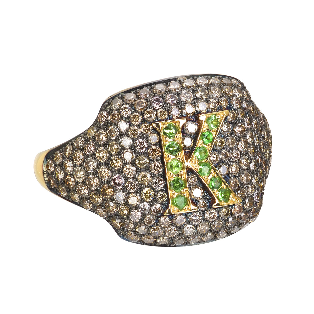 BROWN DIAMOND RING WITH INITIAL -K- WITH TSAVORITIS K18 YELLOW GOLD