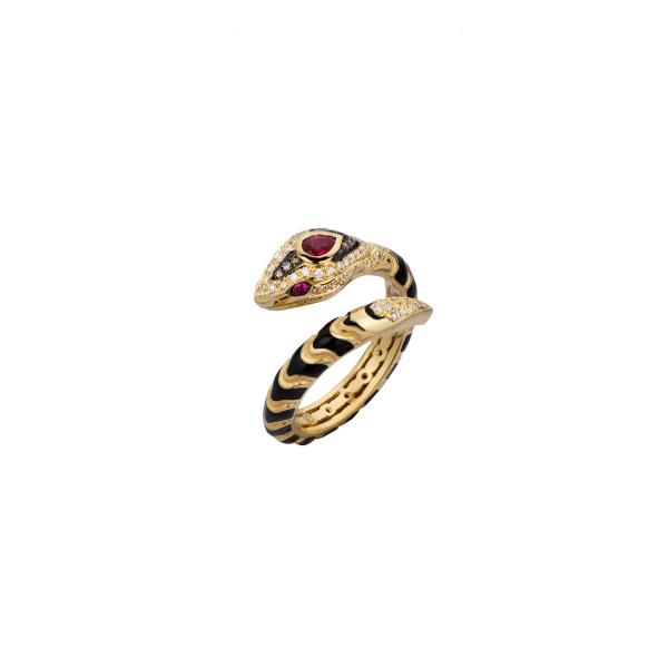 SNAKE DIAMOND RING WITH RUBIES 18K YELLOW GOLD