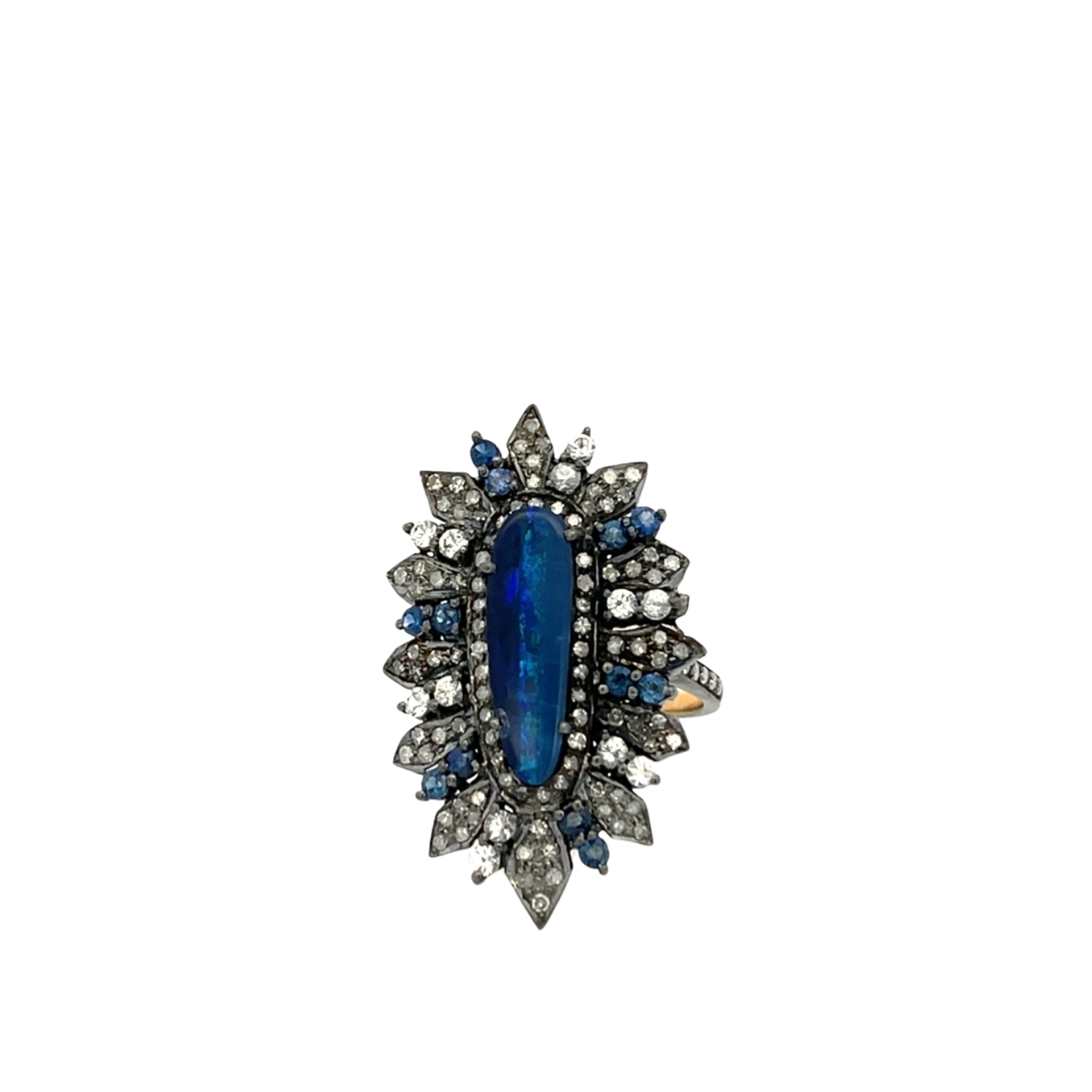 BLACKED GOLD RING K18 WITH DIAMONDS, SAPPHIRES AND OPAL