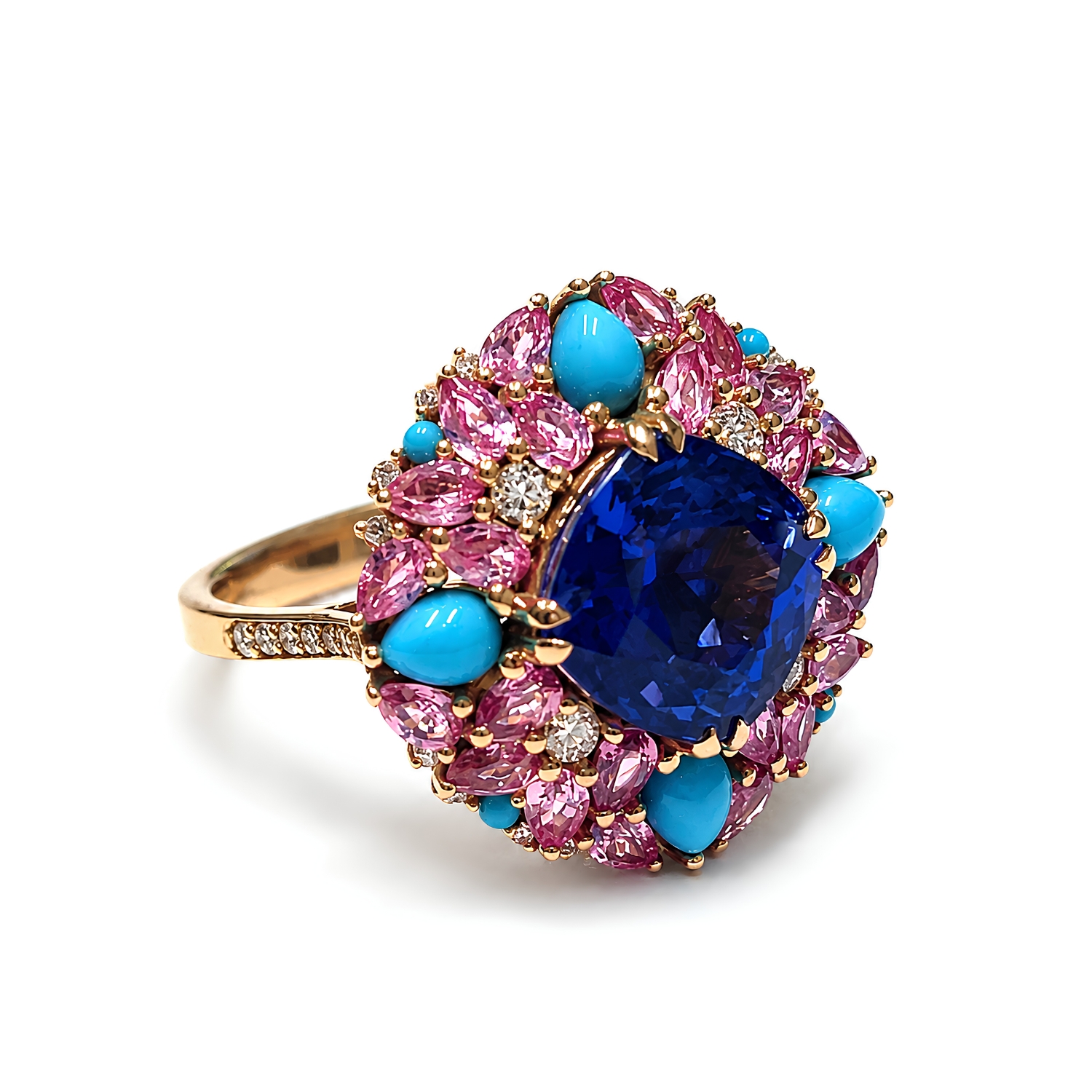 18K ROSE GOLD RING WITH PINK SAPPHIRES DIAMONDS AND TANZANITE