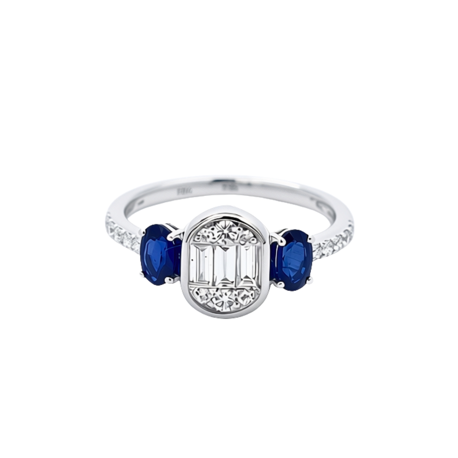WHITE GOLD Κ18 RING WITH BAGUETTE AND ROUND DIAMONDS AND OVAL SAPPHIRES